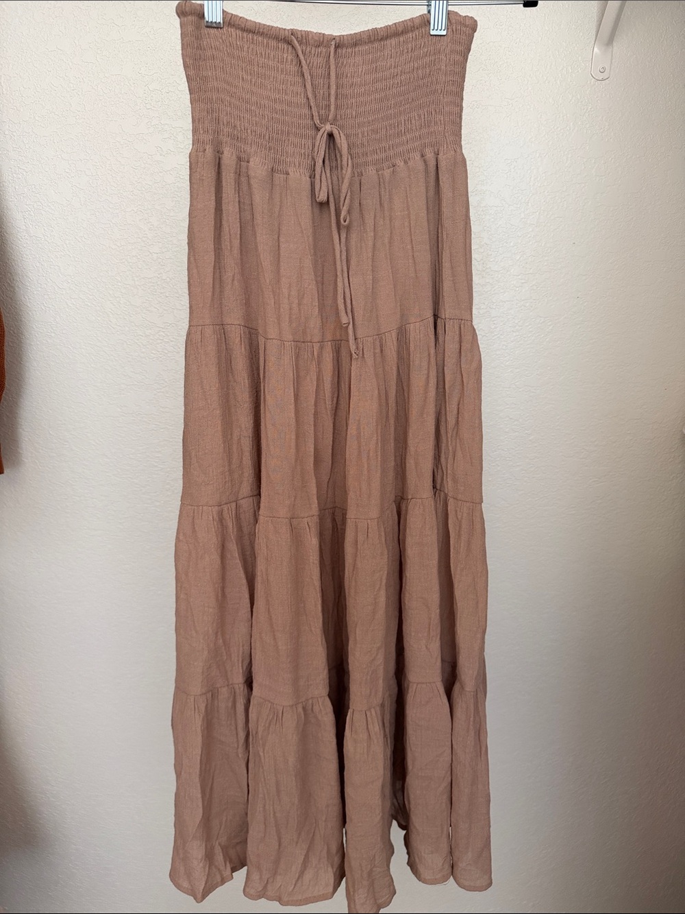 Smocked Waist Maxi Skirt in tan